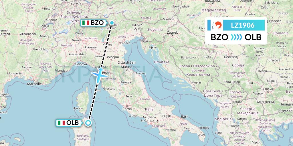LZ1906 Air Link Flight Map: Bolzano to Olbia