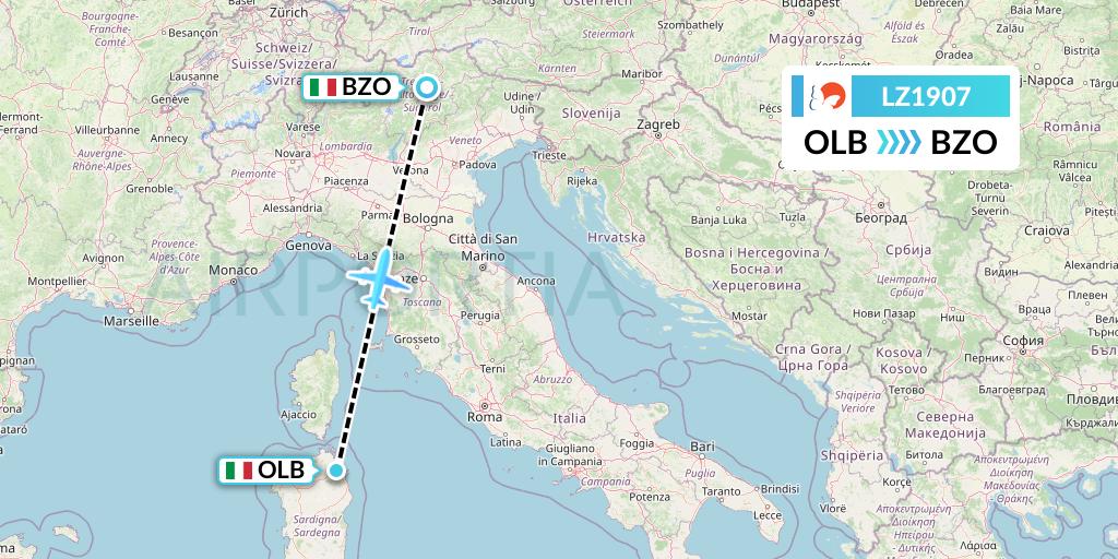 LZ1907 Air Link Flight Map: Olbia to Bolzano