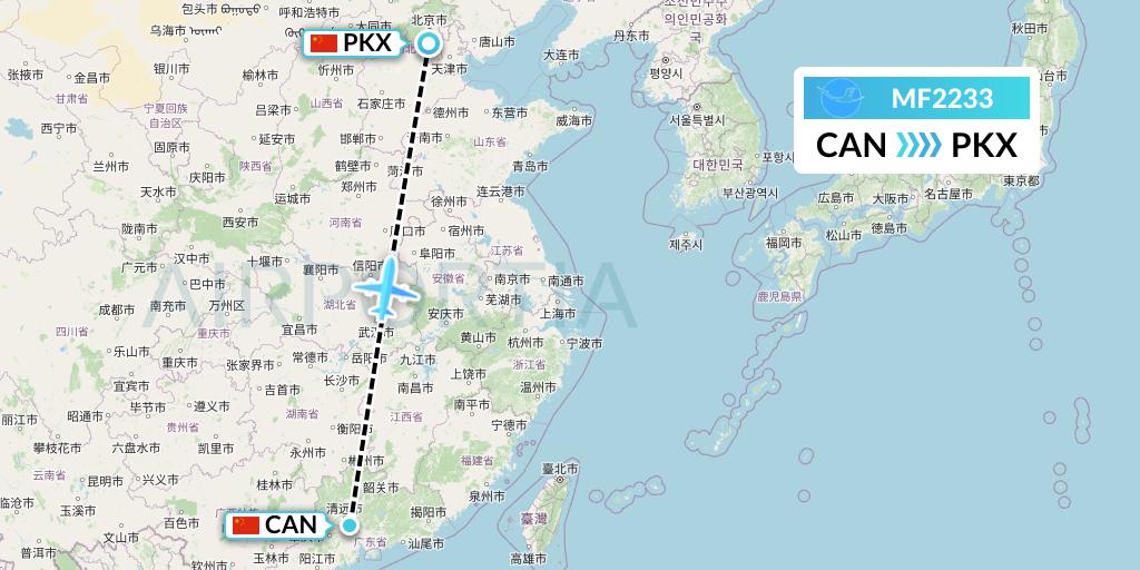MF2233 Xiamen Airlines Flight Map: Guangzhou to Beijing