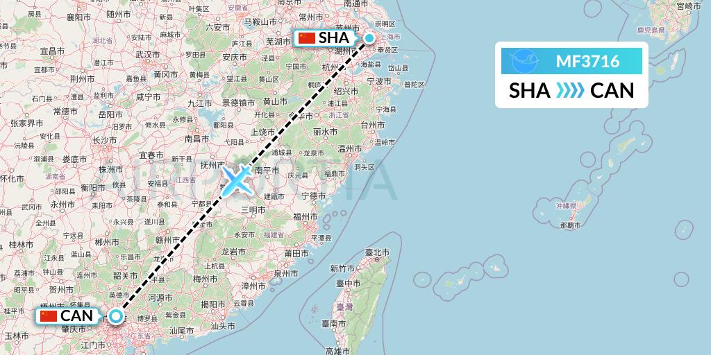 MF3716 Xiamen Airlines Flight Map: Shanghai to Guangzhou