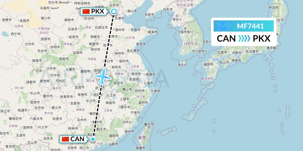 MF7441 Xiamen Airlines Flight Map: Guangzhou to Beijing