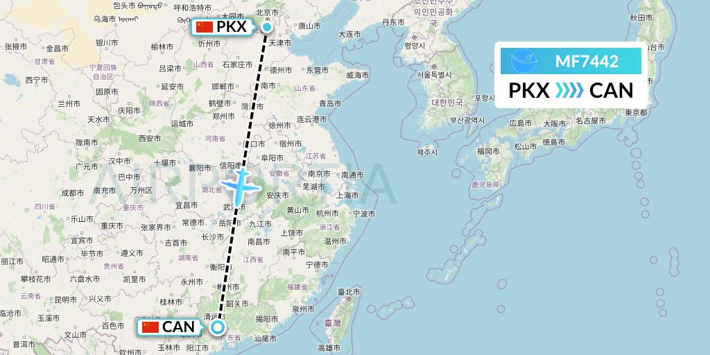 MF7442 Xiamen Airlines Flight Map: Beijing to Guangzhou