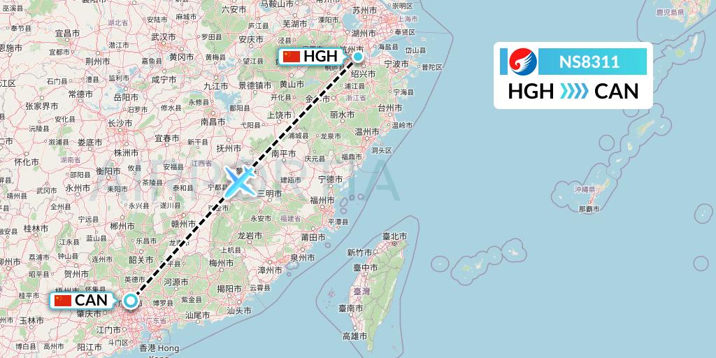 NS8311 Hebei Airlines Flight Map: Hangzhou to Guangzhou