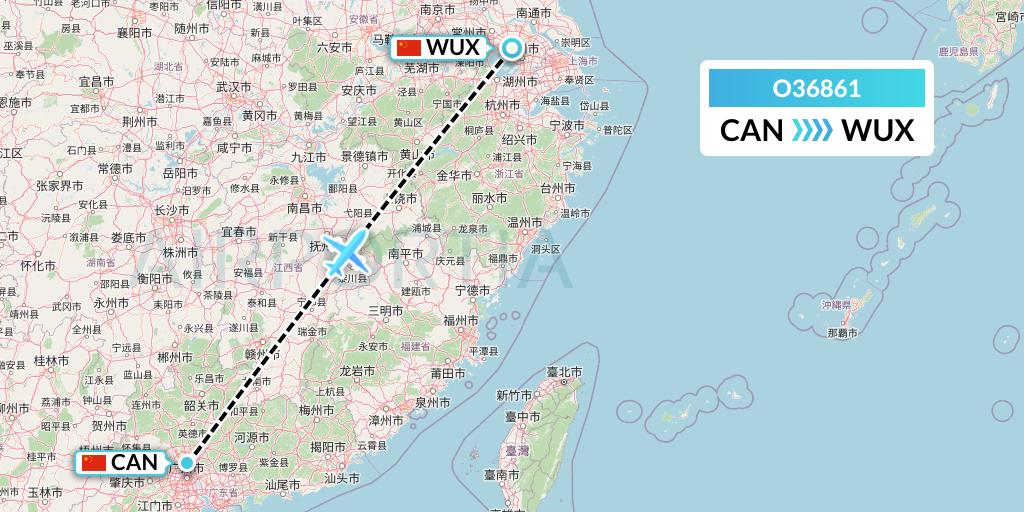 O36861 SF Airlines Flight Map: Guangzhou to Wuxi