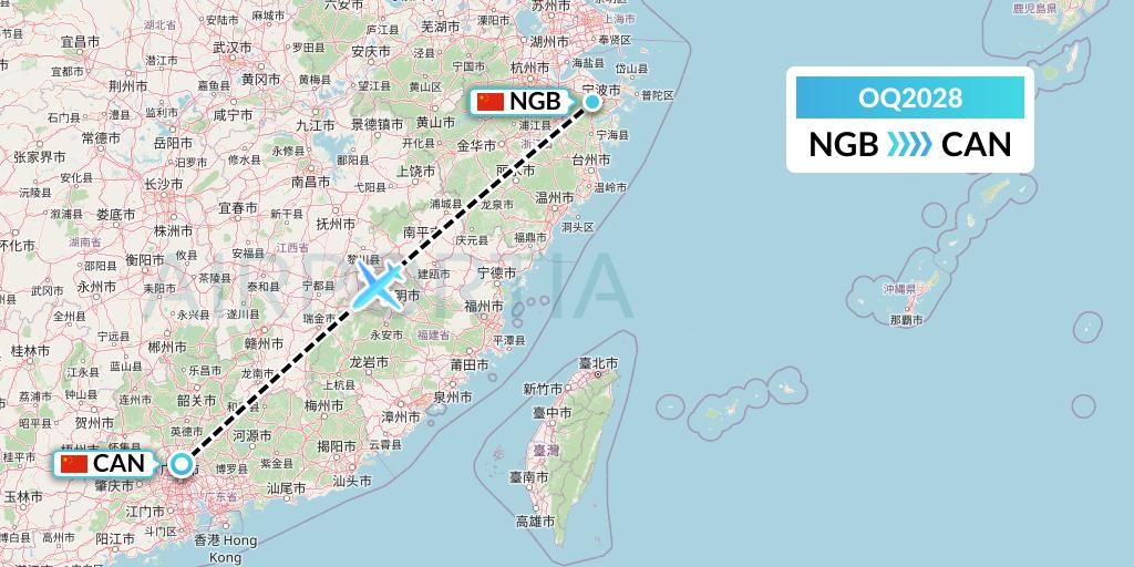 OQ2028 Chongqing Airlines Flight Map: Ningbo to Guangzhou