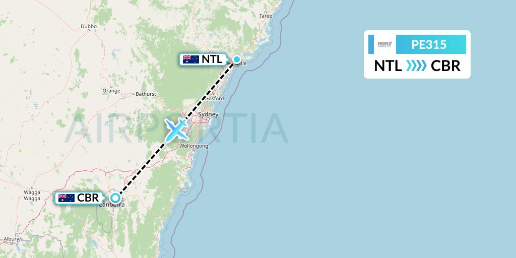 PE315 People's Viennaline Flight Map: Newcastle to Canberra