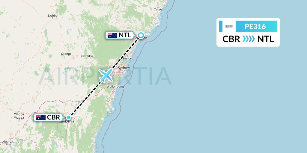 PE316 People's Viennaline Flight Map: Canberra to Newcastle