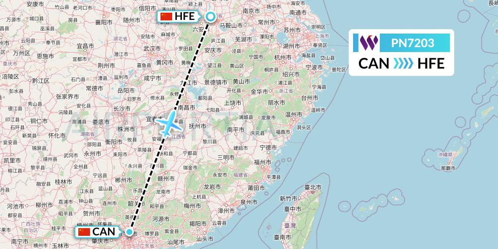 PN7203 China West Air Flight Map: Guangzhou to Hefei