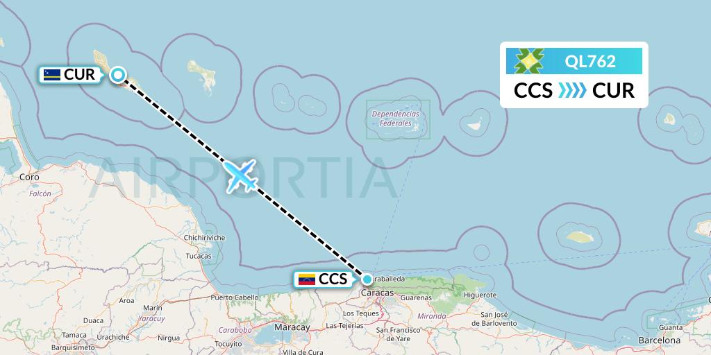 QL762 Laser Airlines Flight Map: Caracas to Willemstad