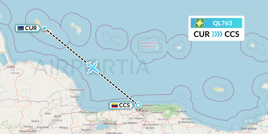 QL763 Laser Airlines Flight Map: Willemstad to Caracas