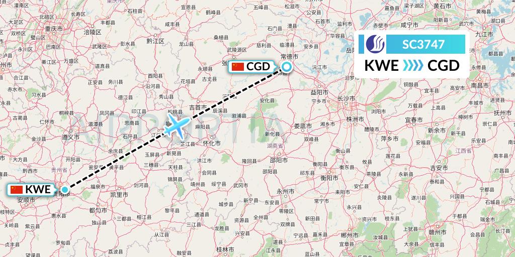 SC3747 Shandong Airlines Flight Map: Guiyang to Changde