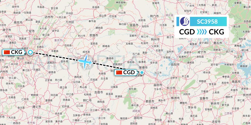 SC3958 Shandong Airlines Flight Map: Changde to Chongqing