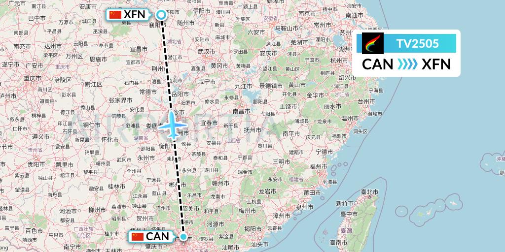 TV2505 Tibet Airlines Flight Map: Guangzhou to Xiangyang