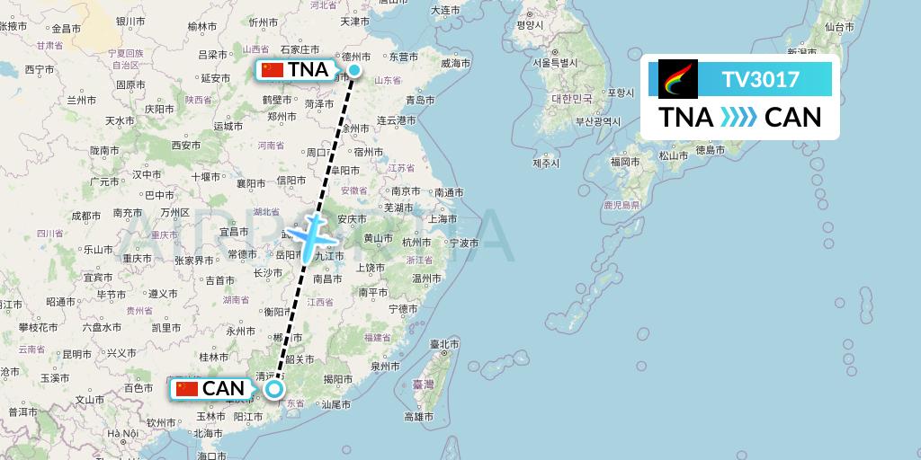 TV3017 Tibet Airlines Flight Map: Jinan to Guangzhou