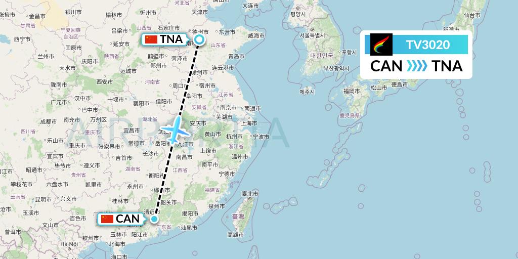 TV3020 Tibet Airlines Flight Map: Guangzhou to Jinan