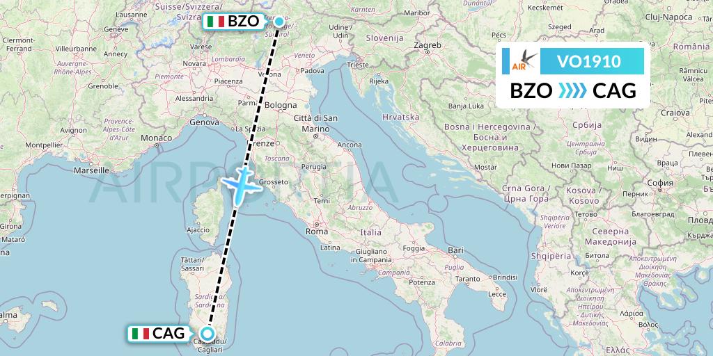 VO1910 Voyage Air Flight Map: Bolzano to Cagliari