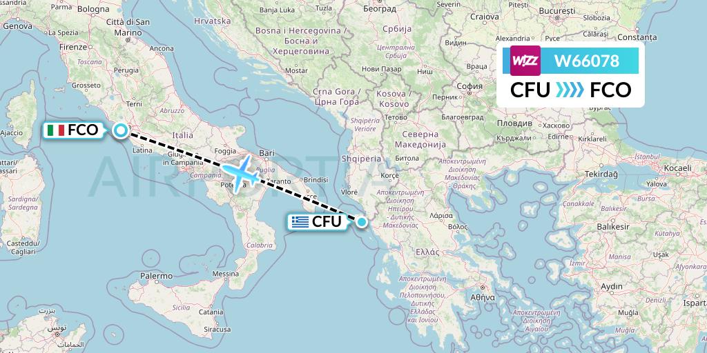 W66078 Wizz Air Flight Map: Corfu to Rome