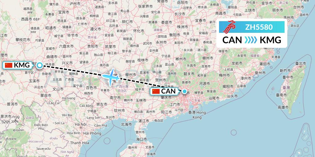 ZH5580 Shenzhen Airlines Flight Map: Guangzhou to Kunming