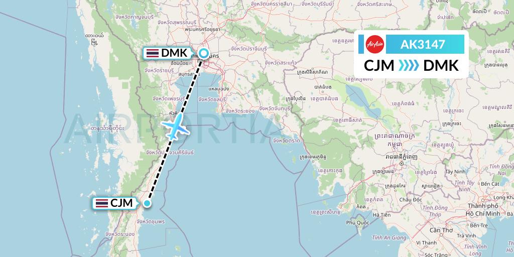AK3147 AirAsia Flight Map: Chumphon to Bangkok