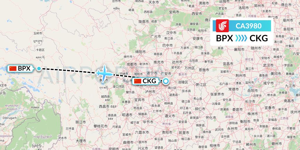 CA3980 Air China Flight Map: Bangda to Chongqing