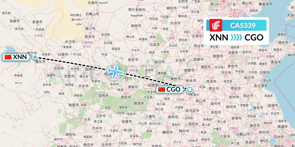 CA5339 Air China Flight Map: Xining to Zhengzhou