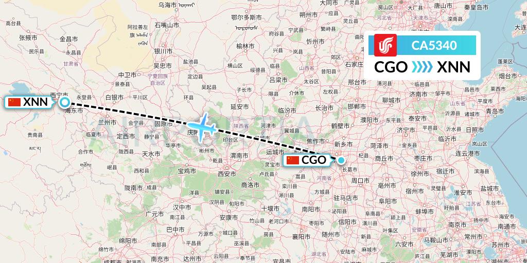 CA5340 Air China Flight Map: Zhengzhou to Xining