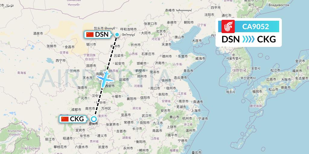 CA9052 Air China Flight Map: Dongsheng to Chongqing