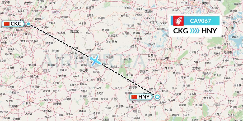 CA9067 Air China Flight Map: Chongqing to Hengyang