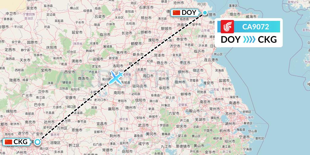 CA9072 Air China Flight Map: Dongying to Chongqing