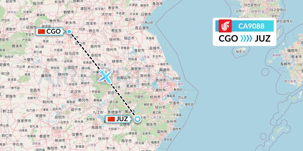 CA9088 Air China Flight Map: Zhengzhou to Quzhou