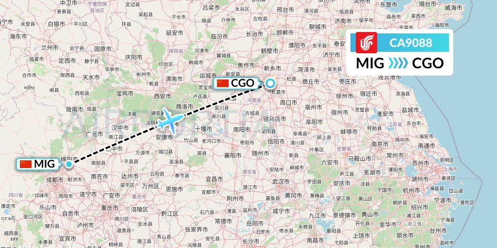 CA9088 Air China Flight Map: Mianyang to Zhengzhou