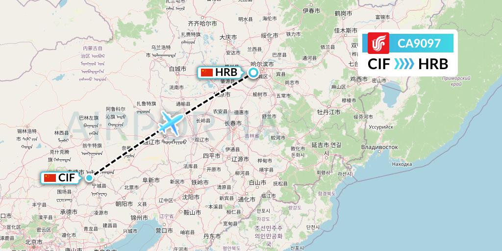 CA9097 Air China Flight Map: Chifeng to Harbin