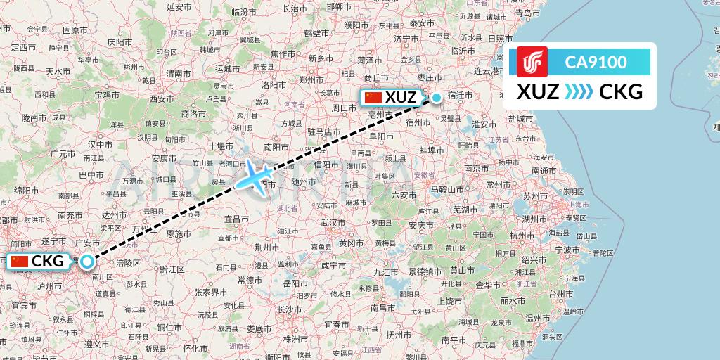 CA9100 Air China Flight Map: Xuzhou to Chongqing