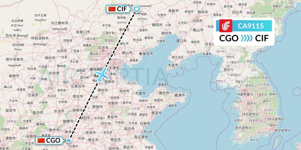 CA9115 Air China Flight Map: Zhengzhou to Chifeng
