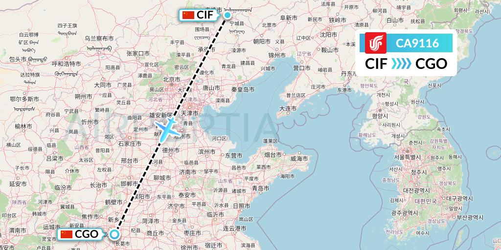 CA9116 Air China Flight Map: Chifeng to Zhengzhou