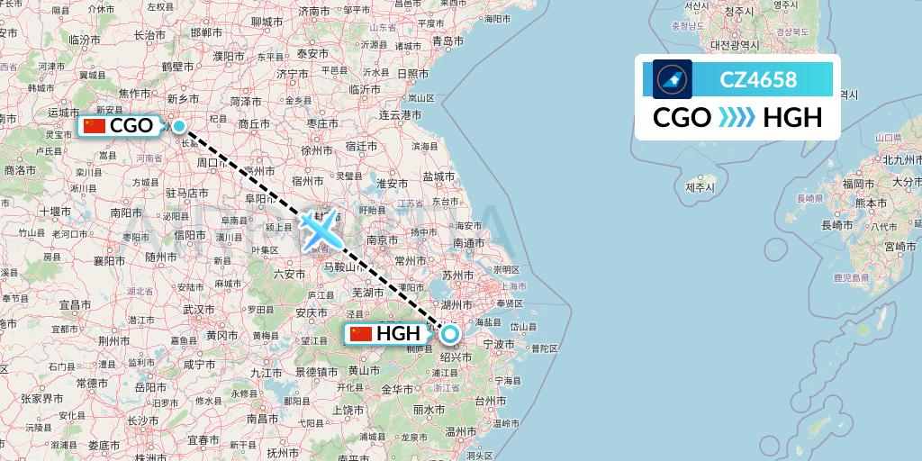 CZ4658 China Southern Airlines Flight Map: Zhengzhou to Hangzhou