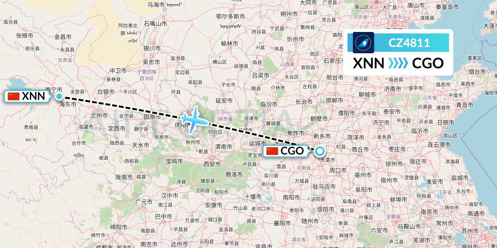 CZ4811 China Southern Airlines Flight Map: Xining to Zhengzhou