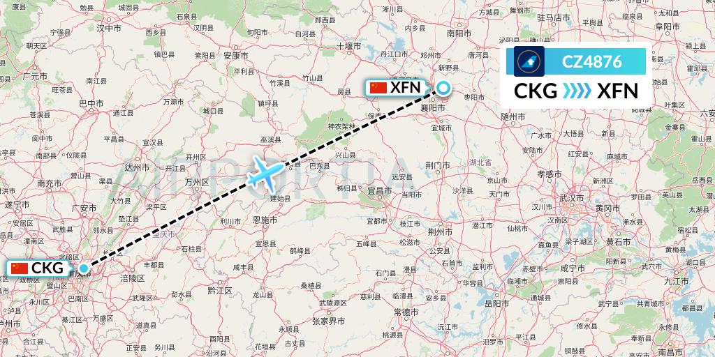 CZ4876 China Southern Airlines Flight Map: Chongqing to Xiangyang