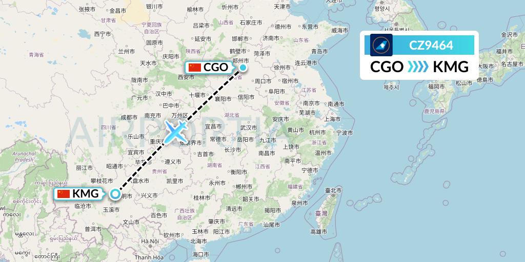 CZ9464 China Southern Airlines Flight Map: Zhengzhou to Kunming