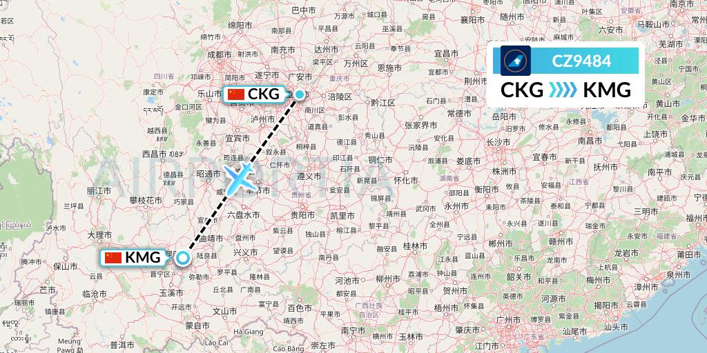 CZ9484 China Southern Airlines Flight Map: Chongqing to Kunming