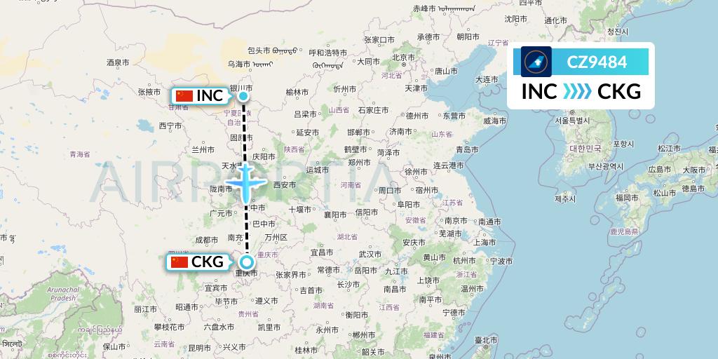 CZ9484 China Southern Airlines Flight Map: Yinchuan to Chongqing