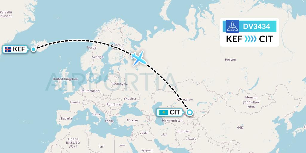 DV3434 SCAT Flight Map: Reykjavik to Shymkent