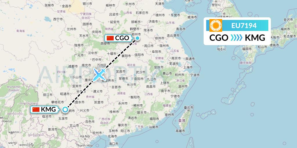 EU7194 Chengdu Airlines Flight Map: Zhengzhou to Kunming