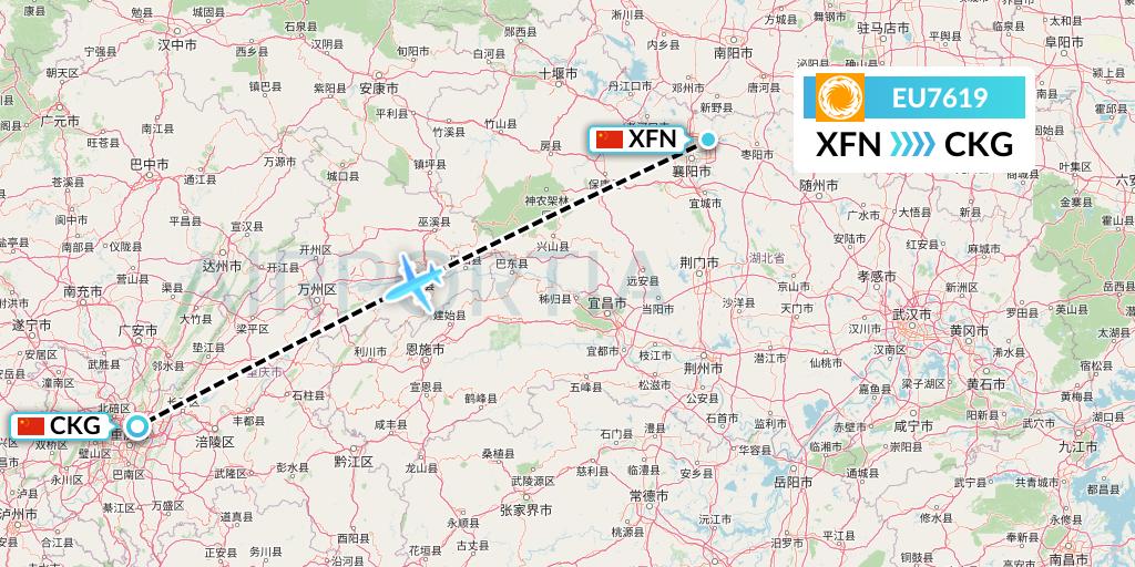 EU7619 Chengdu Airlines Flight Map: Xiangyang to Chongqing