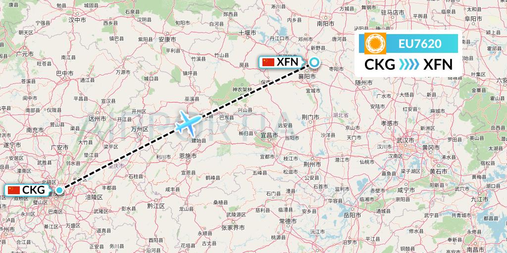 EU7620 Chengdu Airlines Flight Map: Chongqing to Xiangyang