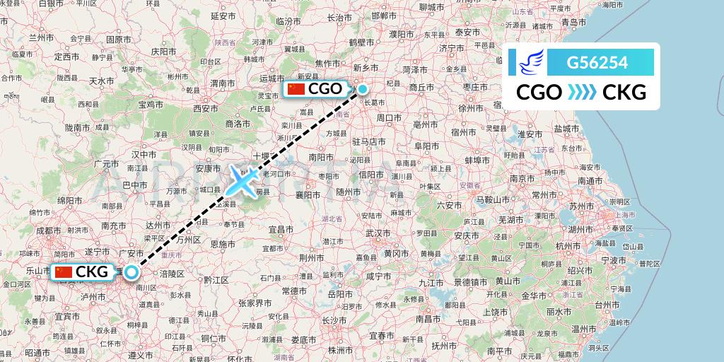 G56254 China Express Airlines Flight Map: Zhengzhou to Chongqing