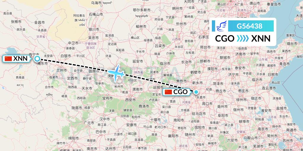 G56438 China Express Airlines Flight Map: Zhengzhou to Xining