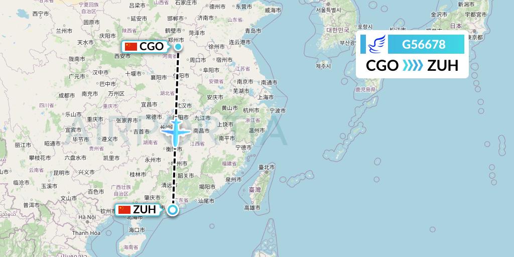 G56678 China Express Airlines Flight Map: Zhengzhou to Zhuhai