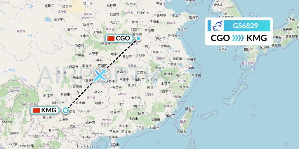 G56829 China Express Airlines Flight Map: Zhengzhou to Kunming