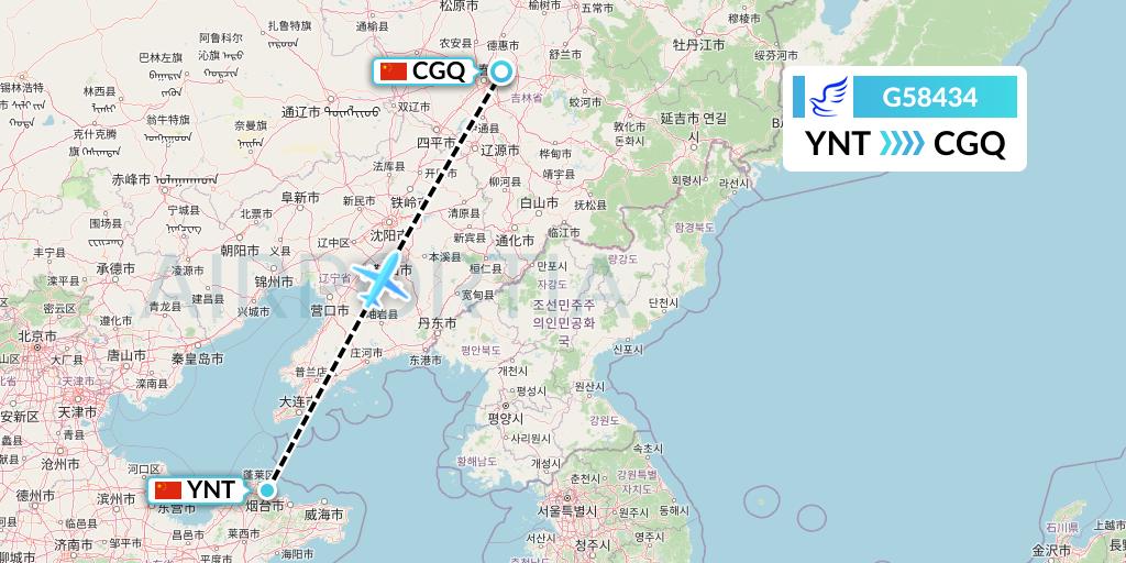 G58434 China Express Airlines Flight Map: Yantai to Changchun